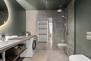 Shower, hair dryer, towels