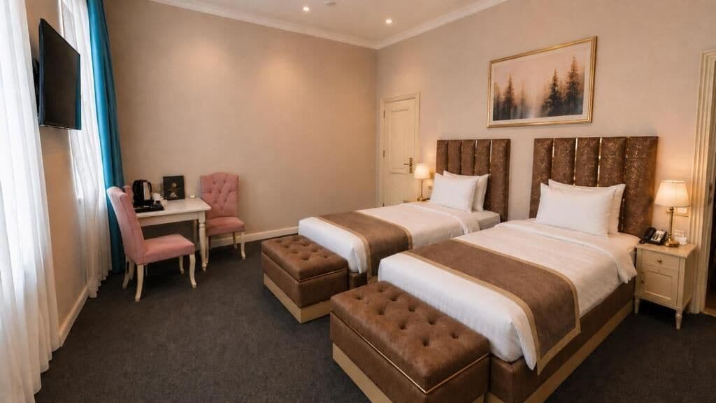 Une chambre d’hôtel avec deux lits, un bureau, une chaise et un téléviseur.