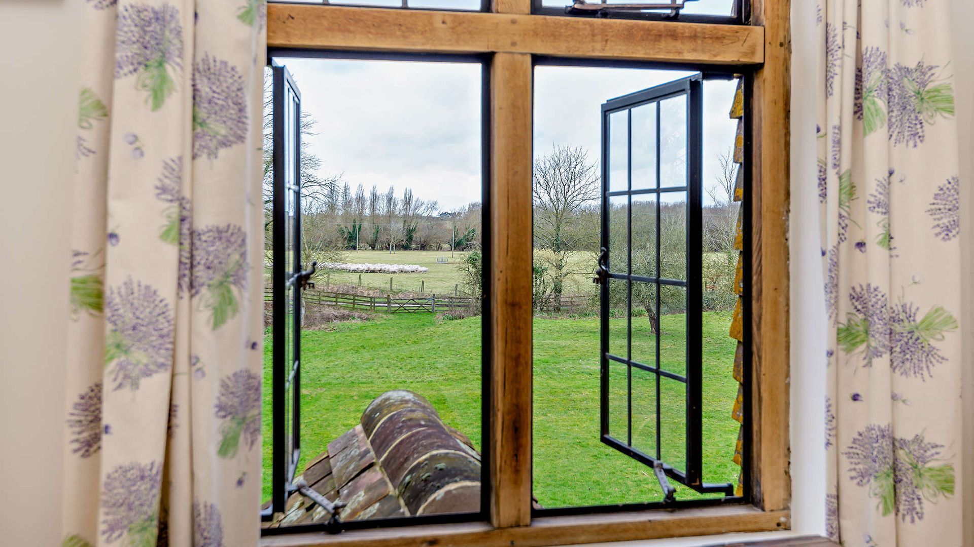 A window with a view of a grassy field and a wooden fence.