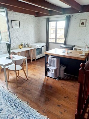 Fridge, oven, stovetop, cookware/dishes/utensils