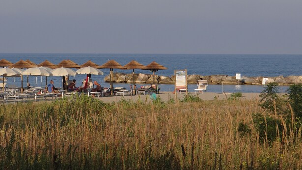 A beachside restaurant with outdoor seating, umbrellas, and a view of the sea.