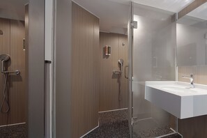 Shower, free toiletries, hair dryer, slippers