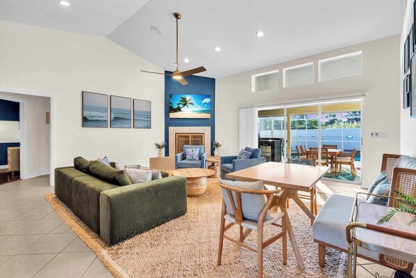 TV, fireplace, foosball, offices