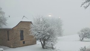 A stone building with a snow-covered roof and a snow-covered tree in front. - A small house above the meadows. Light, space and silence. (Rieupeyroux)
