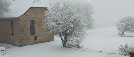 A stone building with a snow-covered roof and a snow-covered tree in front.