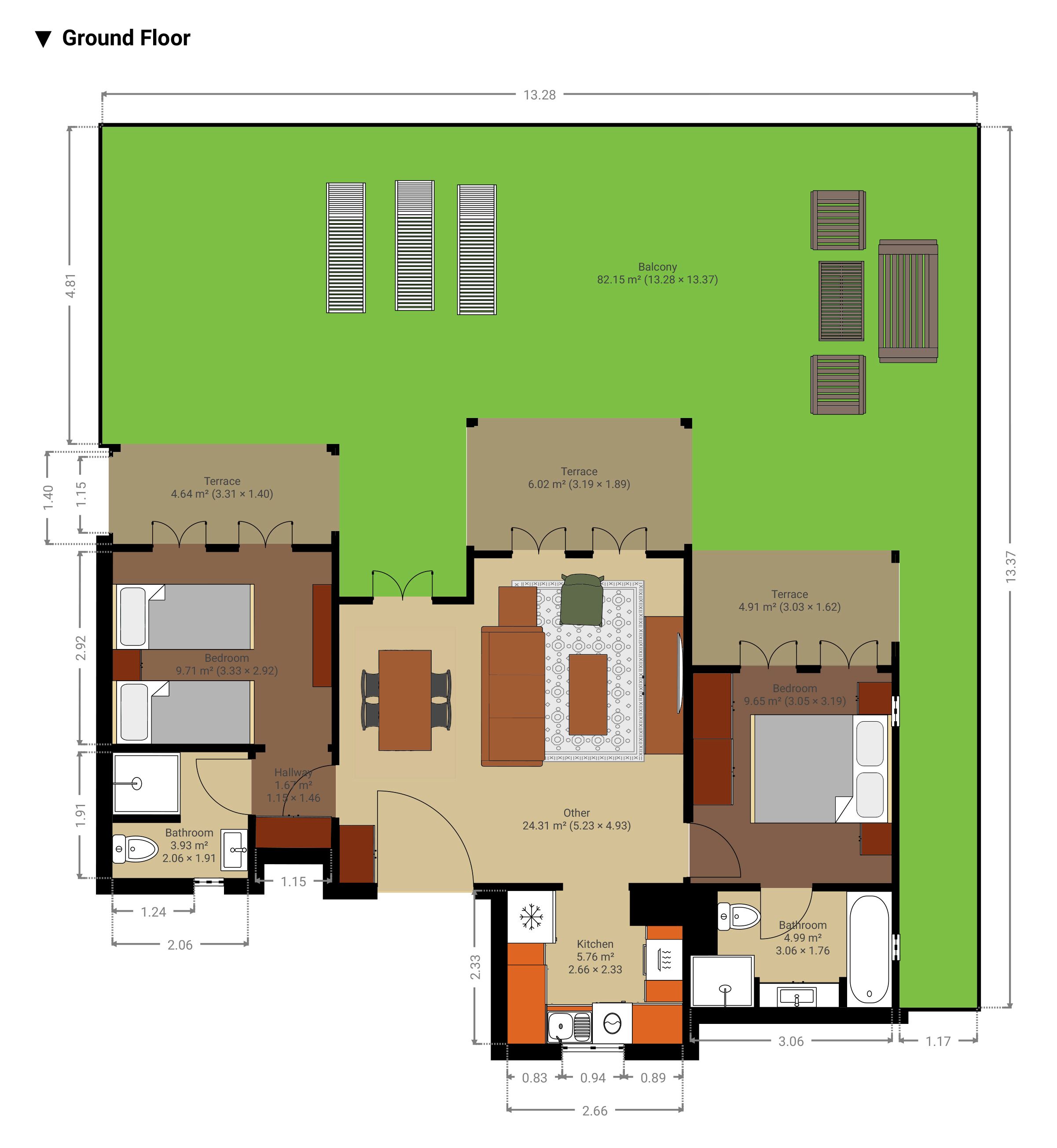 A ground floor plan of a hotel with two bedrooms, two bathrooms, a kitchen, a hallway, a terrace, and a balcony.