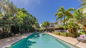 A swimming pool with clear blue water, surrounded by lush tropical plants and palm trees. - Tropical Park View Retreat – 3BR Bali Resort in Kingscliff (1210) (Tweed)
