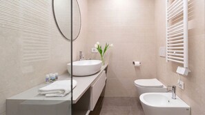 Ducha, bidet, toallas, papel higiénico