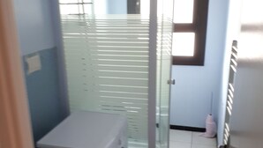 Un bagno compatto con lavatrice, box doccia in vetro e un piccolo tappeto a pavimento.