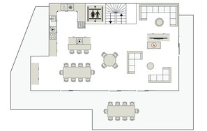A hotel room layout with a kitchenette, a bathroom, a dining area, and a living area. - 5★ Chalet for 15 people, sauna, 300m from slopes (La Clusaz)