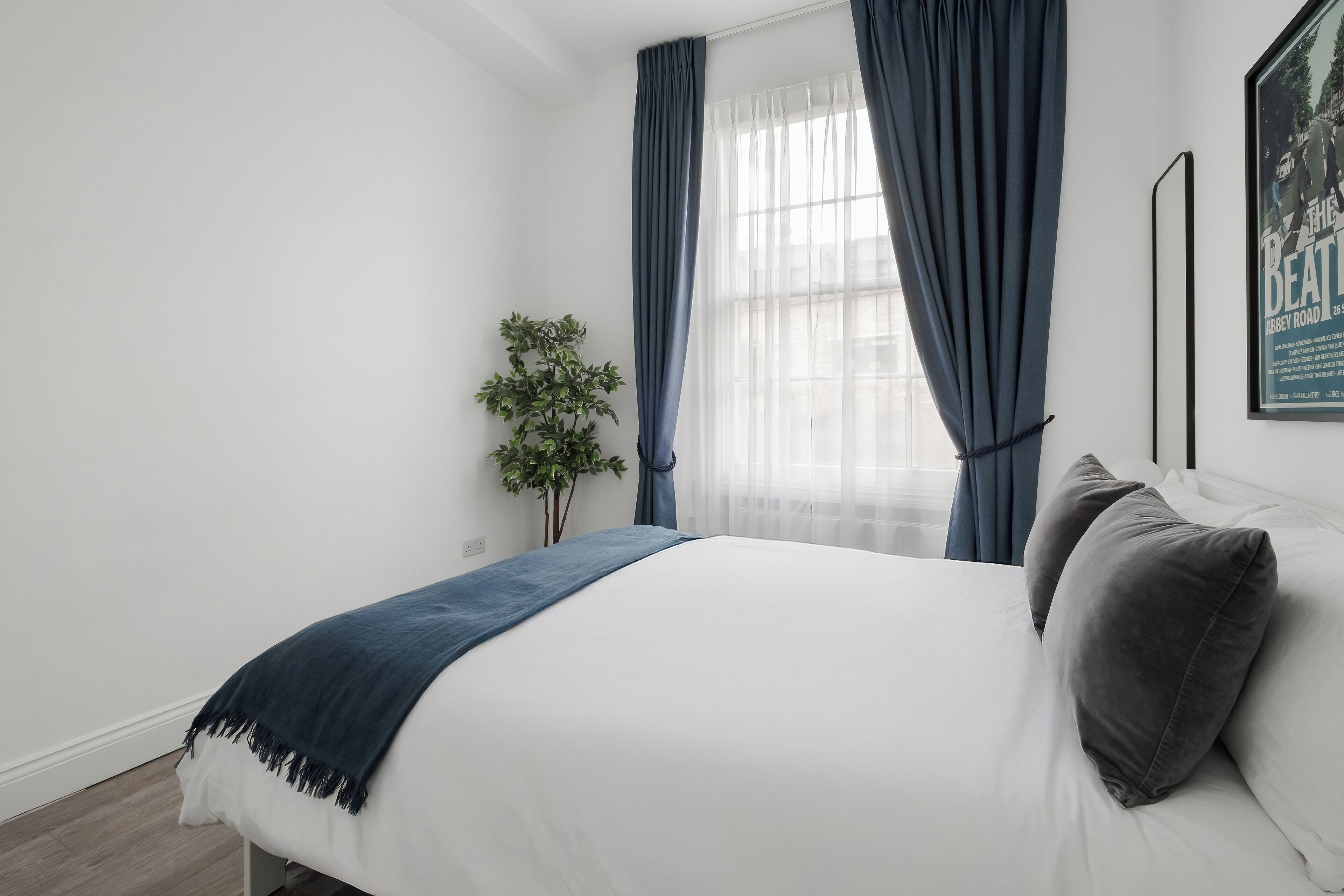 Ein ordentlich gemachtes Bett mit weißblauer Tagesdecke, grauen Kissen und einem blauen Vorhang, der ein Fenster verdeckt. Ein gerahmtes Bild hängt an der Wand, und eine Topfpflanze ist in der Ecke sichtbar.