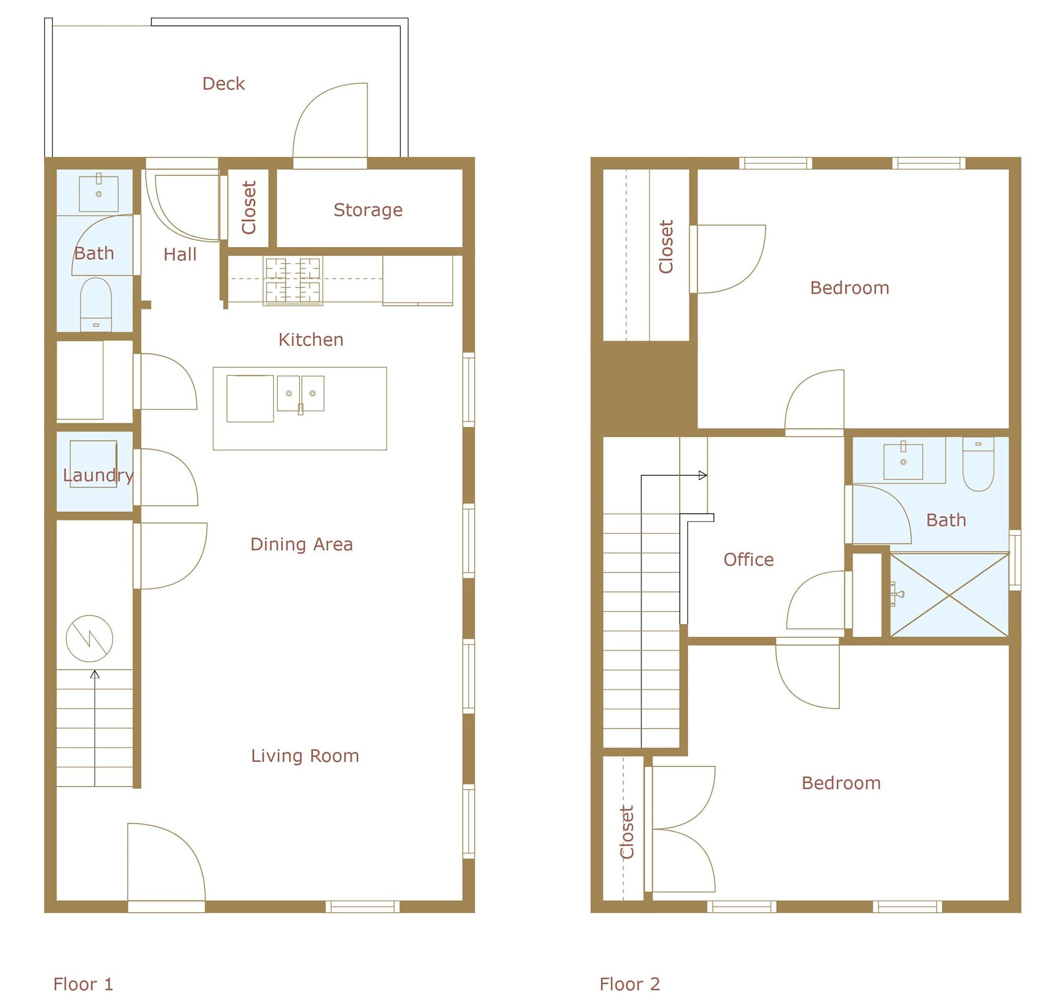 To plantegninger af et hus med terrasse, køkken, spiseområde, stue, vaskerum, badeværelse, skab, opbevaring, kontor og soveværelse.