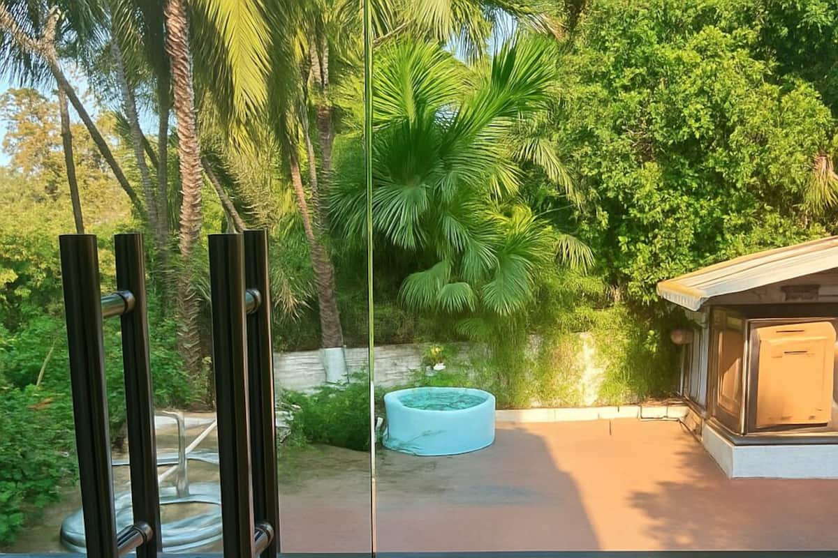 Une porte vitrée donne sur un patio avec une piscine, le tout étant entouré d’une végétation luxuriante et de palmiers.