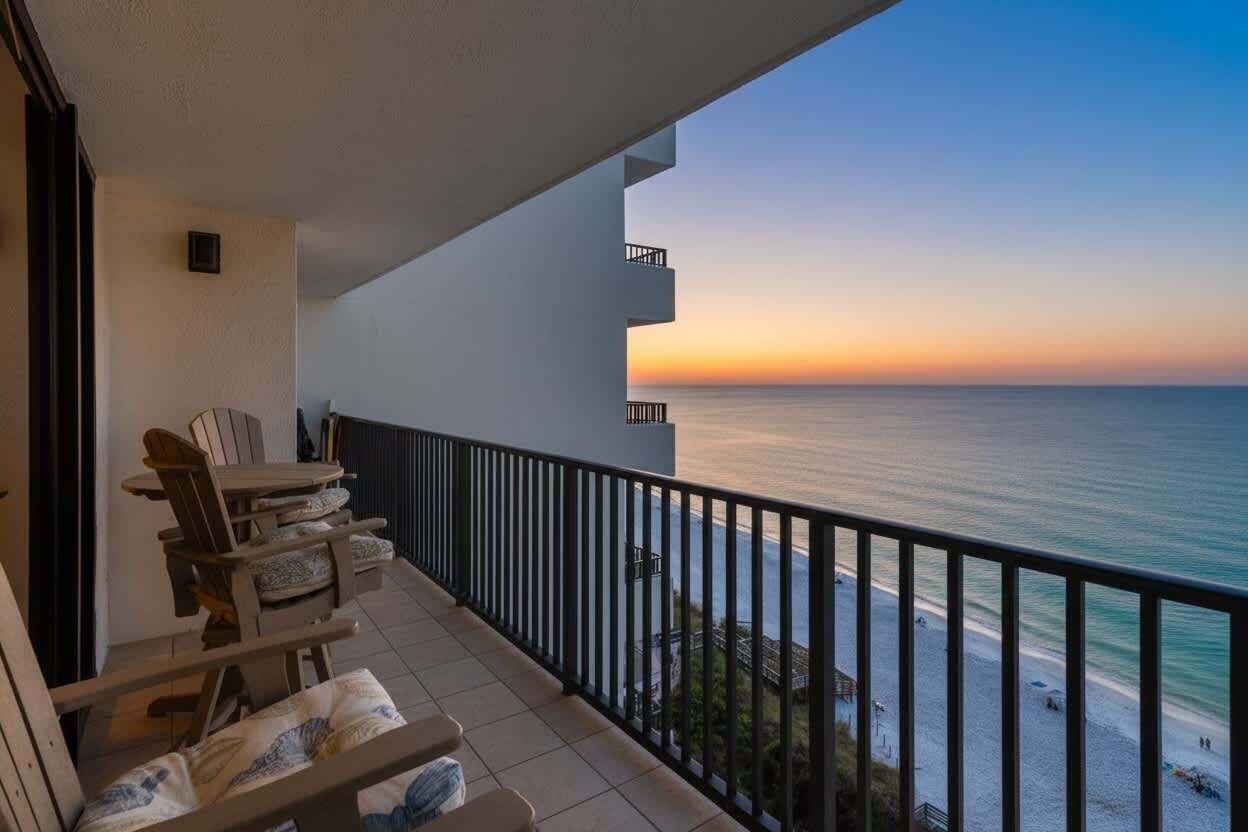 A balcony with a view of the ocean at sunset, outdoor seating, and a sign indicating the room number.