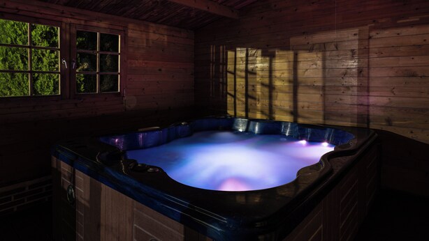 A hot tub in a wooden cabin with a view of trees through the windows. - Las Melias (Ciudad Real)