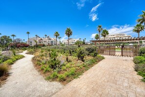 Un sendero conduce a una zona cerrada con palmeras y arbustos, rodeada de edificios modernos.