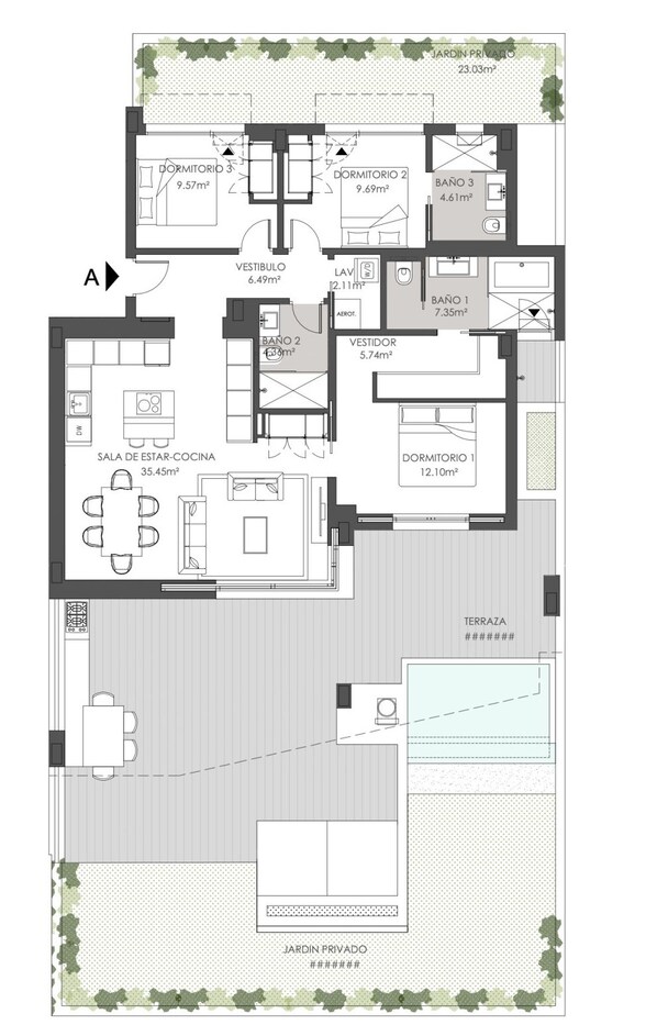 A floor plan of a property with private garden areas, multiple bedrooms, a kitchen, and a living area.