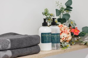 Shower, hair dryer, towels, soap