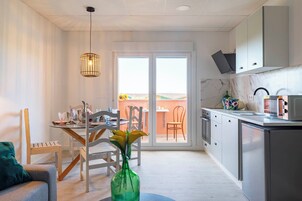 Estudio superior, terraza | Cocina privada | Frigorífico, microondas, placa de cocina y utensilios de cocina