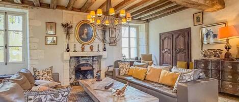 Televisie, een open haard, een dvd-speler en boeken