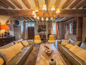 Télévision, cheminée, lecteur de DVD, livres