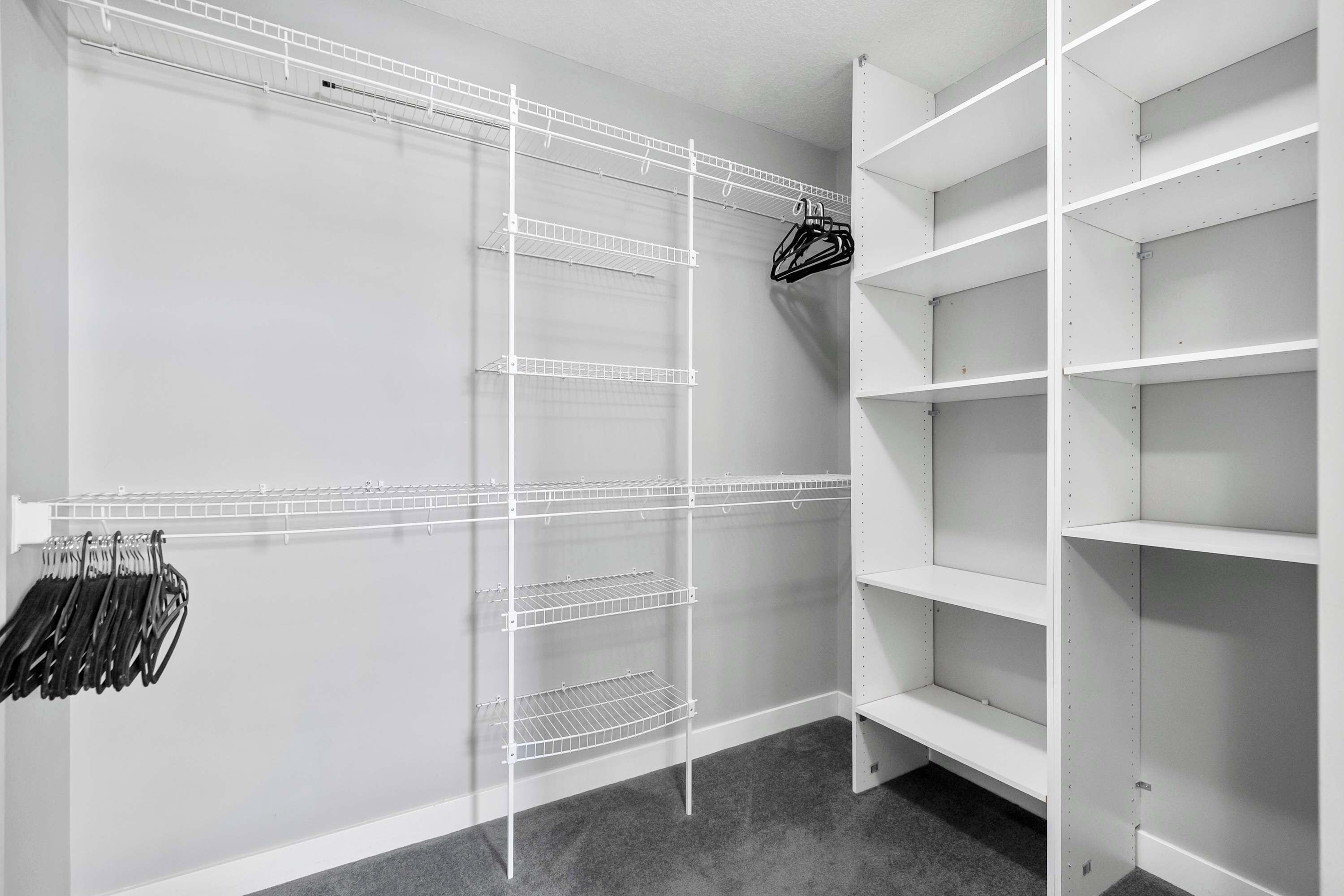 A walk-in closet with white shelving units and a grey carpet.