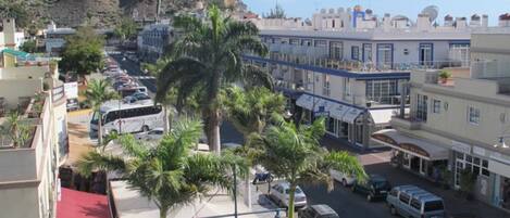 A street view with buildings, parked cars, and palm trees.
