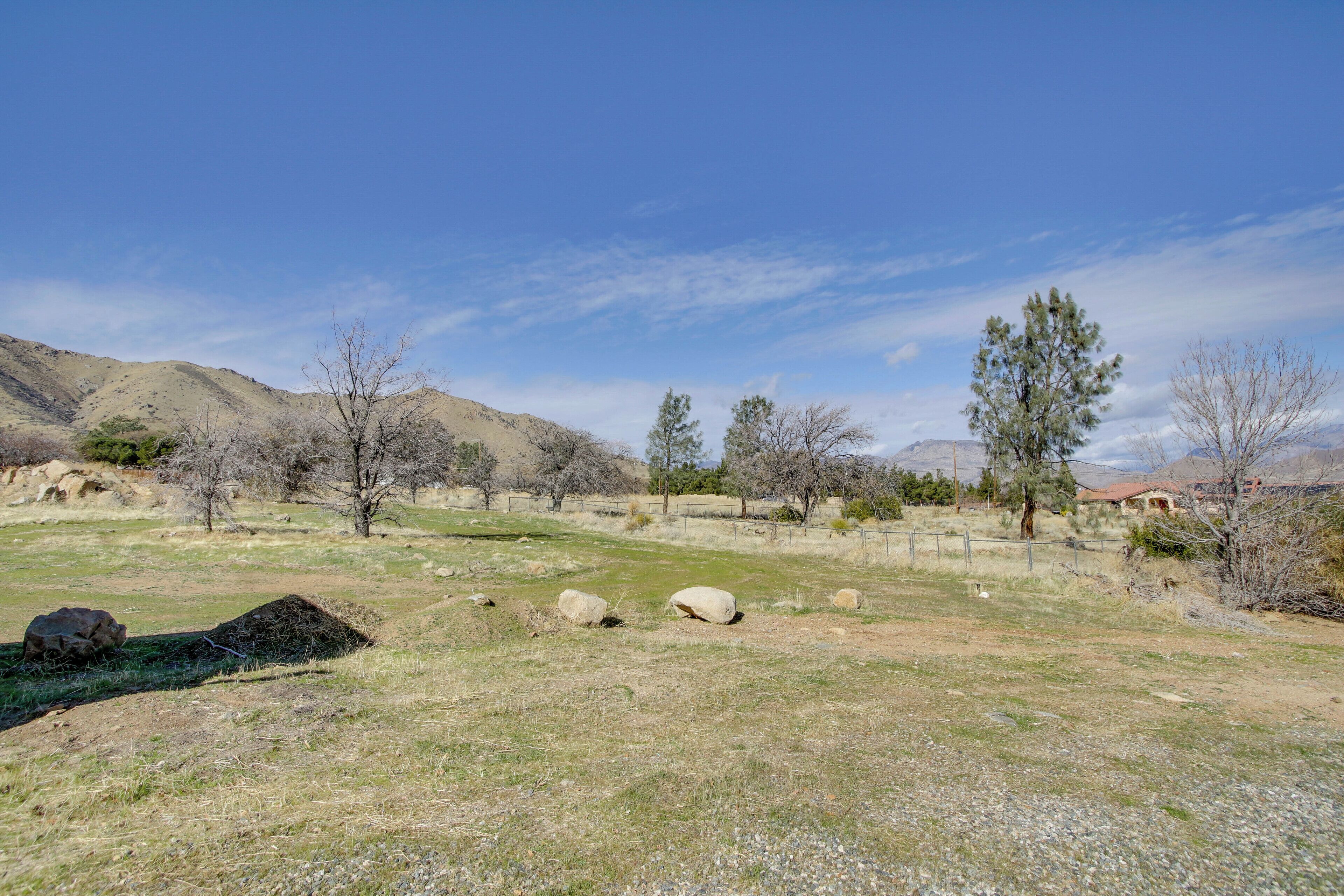 A dry, open landscape with sparse vegetation, a few scattered rocks, and distant mountains under a clear sky.
