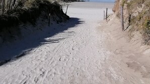 Un sentier de sable qui longe la plage et mène à l’océan, avec des dunes de chaque côté et un ciel bleu dégagé.