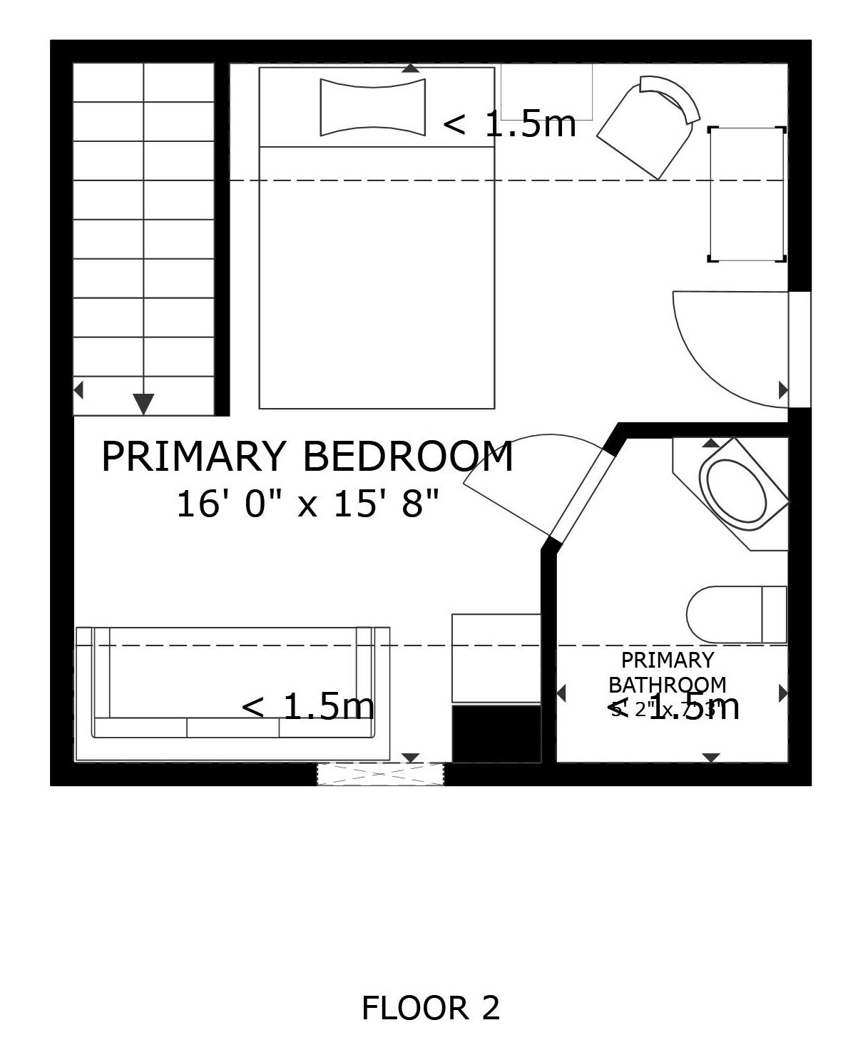 Een plattegrond van een appartement op de tweede verdieping, met een hoofdslaapkamer van 4,9 meter bij 4,8 meter, een hoofdbadkamer van 0,6 meter bij 1,6 meter en een kitchenette.