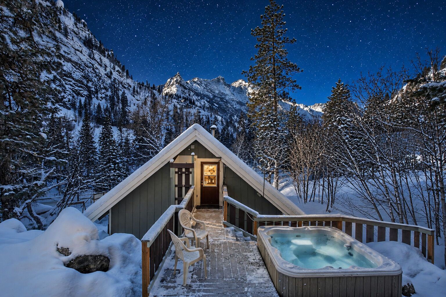A wooden cabin with a hot tub and a staircase leading to a door, surrounded by snow-covered trees and mountains under a starry night sky.
