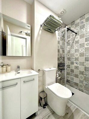 Shower, hair dryer, towels