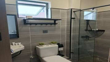 Regadera, toallas, jabón, papel de baño