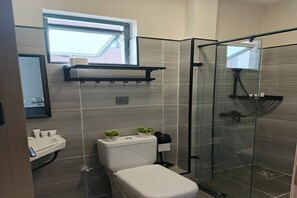 Regadera, toallas, jabón, papel de baño 