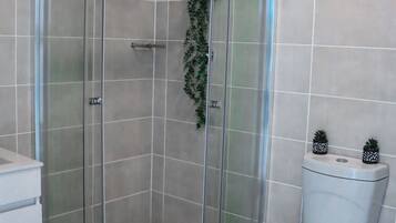 Shower, towels, toilet paper