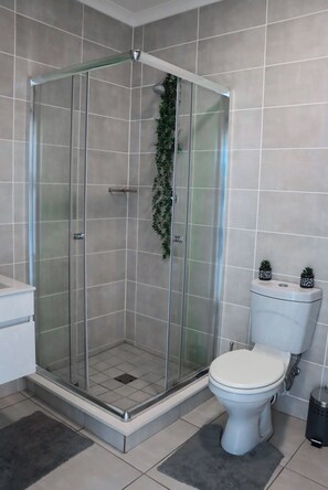 Regadera, toallas, papel de baño 