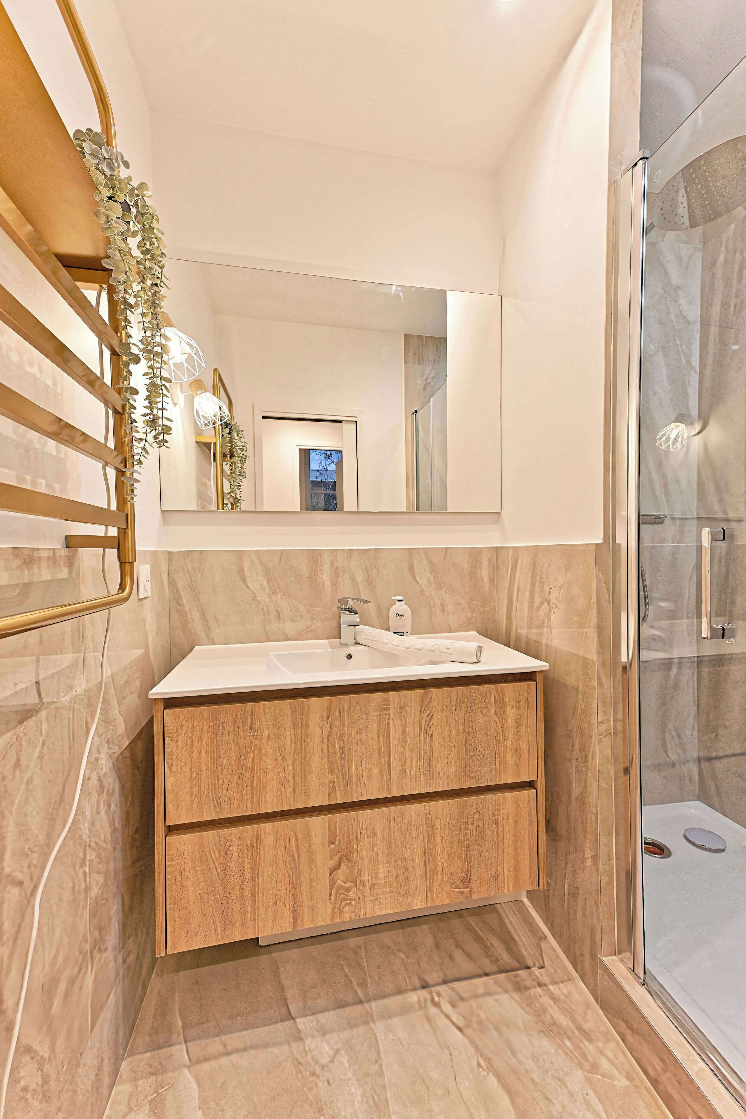 Shower, hair dryer, towels