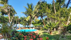 Une piscine entourée d’une végétation luxuriante et de fleurs rouges, avec des palmiers et un ciel bleu clair en arrière-plan.