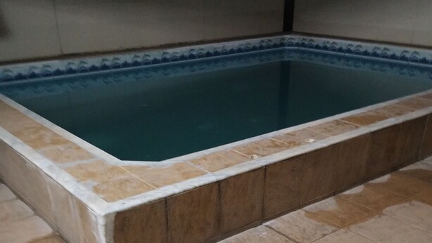 A rectangular pool with a tiled border, surrounded by a tiled floor. - Private pool house (Abrantes)