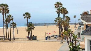 Blick auf einen Strand mit Palmen, einem Steg und Strandsonnenschirmen.