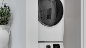 A wall-mounted washer and dryer unit with a wooden cabinet and a potted plant beside it.