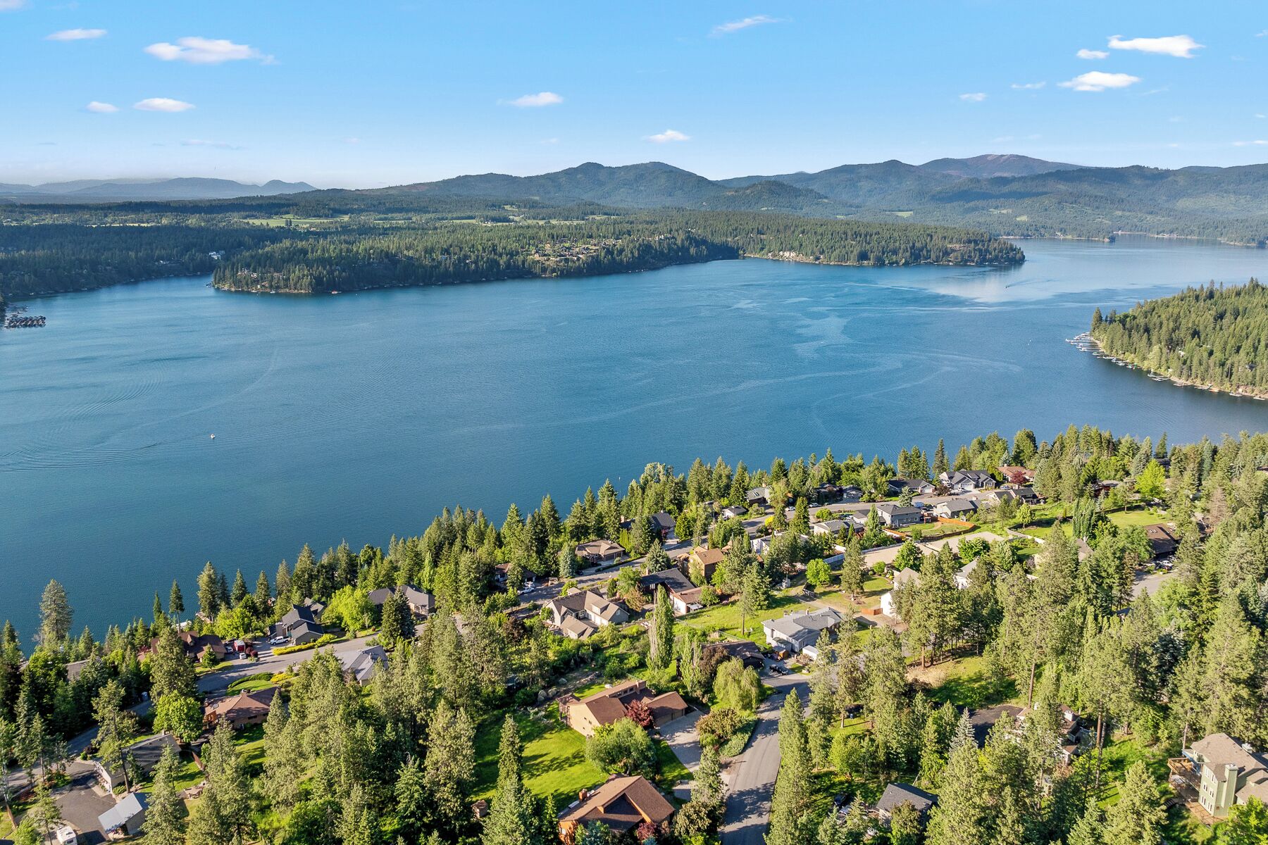 An aerial view of a residential area with houses surrounded by dense forests, a large lake, and distant mountains.