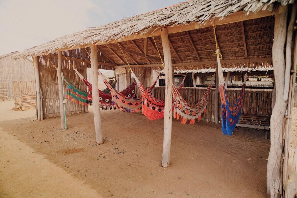 A thatched-roof hut with colorful hammocks hanging from the beams.