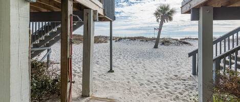 A wooden staircase leading to a beach area with a palm tree and a sandy path.