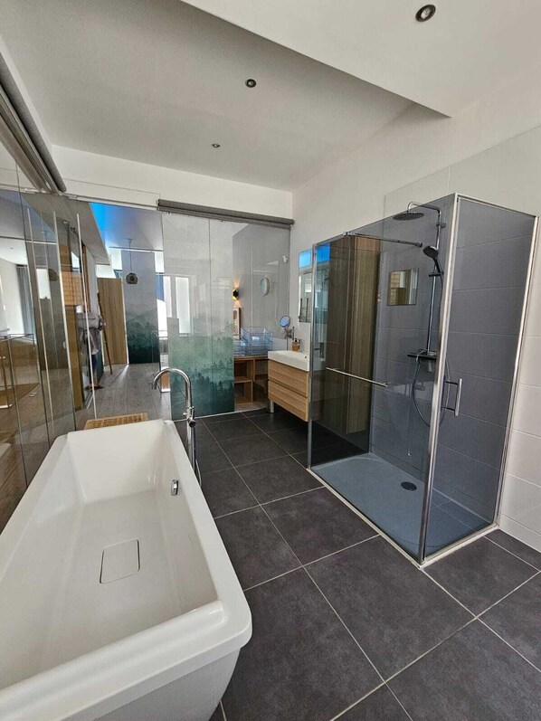 Hair dryer, towels, soap, toilet paper