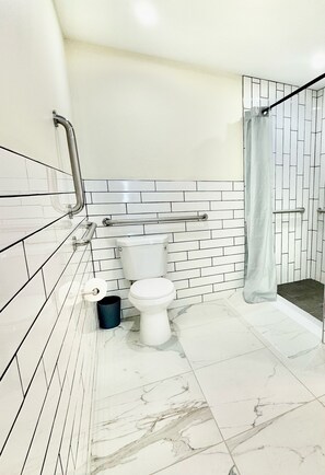 Shower, towels, soap, shampoo