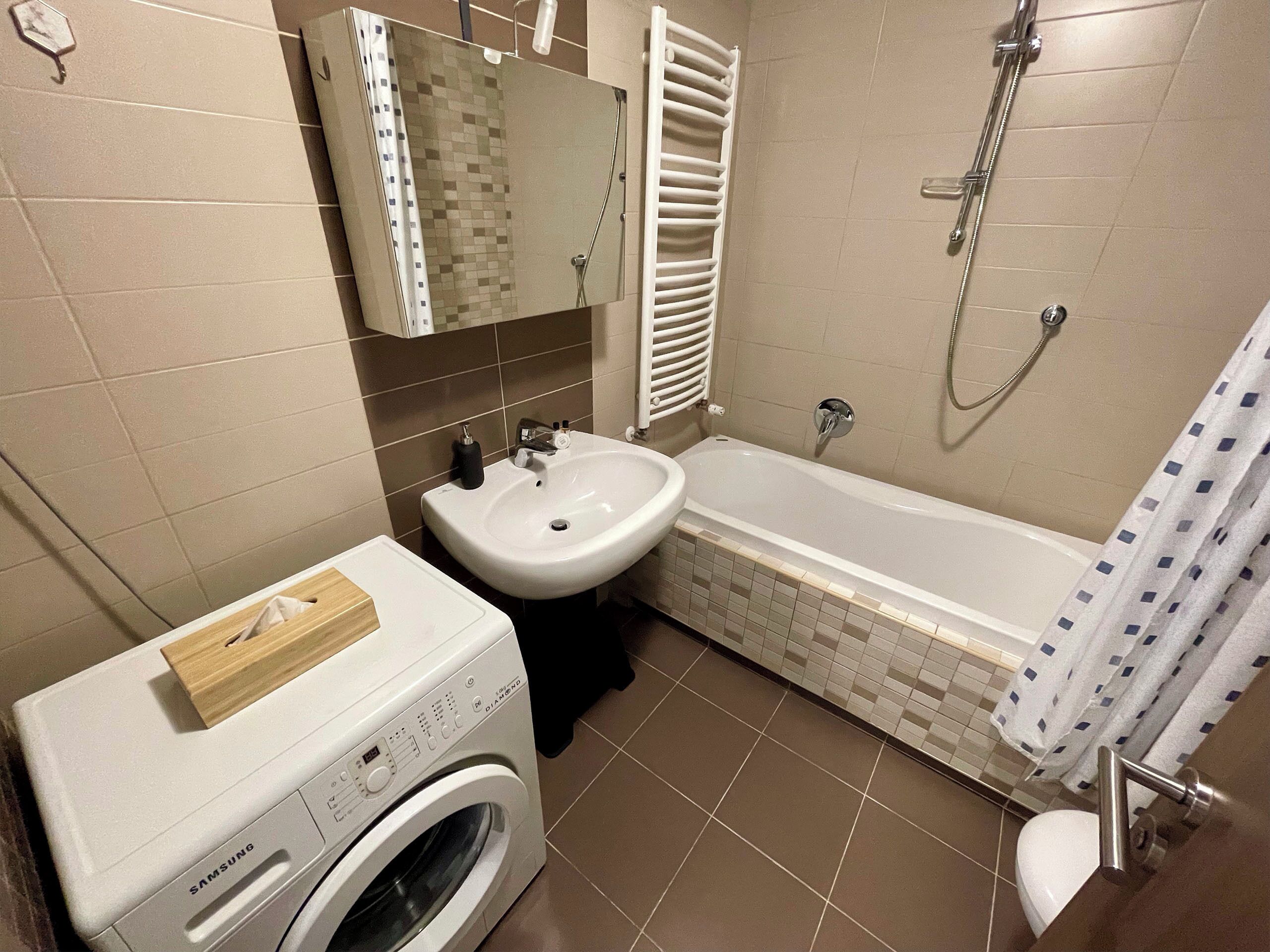 Familie studio | Badkamer | Een haardroger, handdoeken, zeep, shampoo