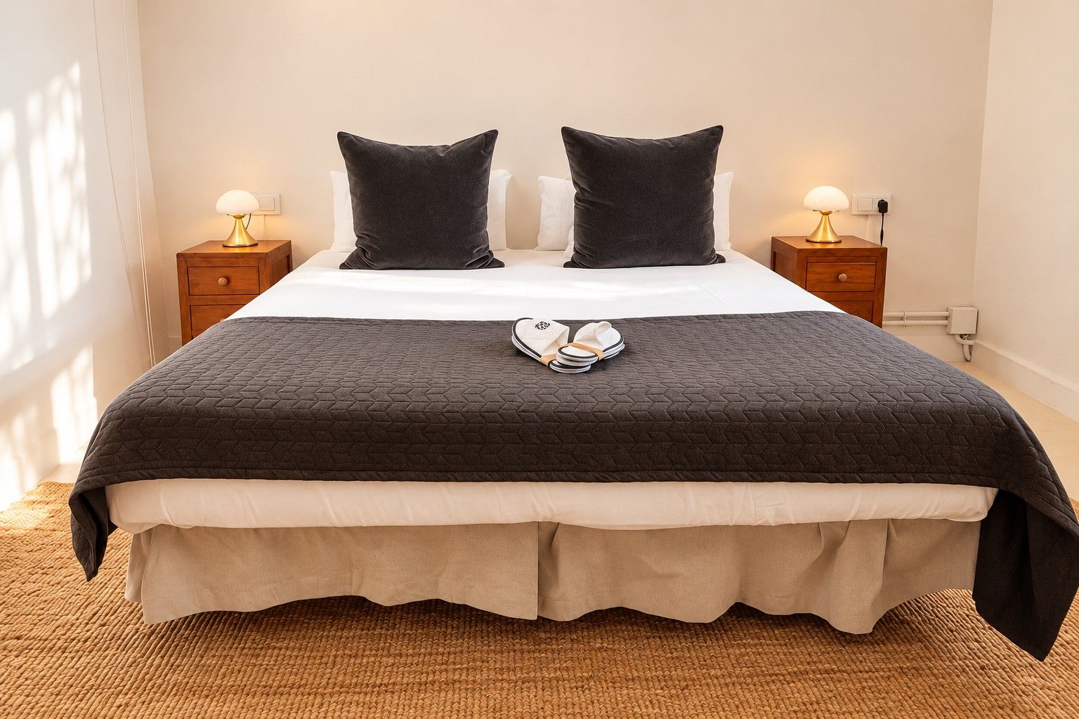 A neatly made bed with a dark quilt, two pillows, and a pair of slippers on the bed.