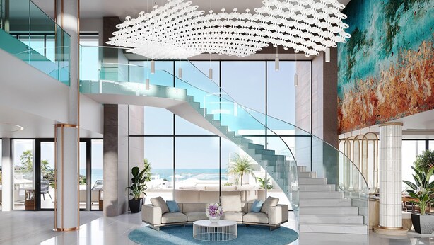 Un interior moderno con una escalera, un conjunto de sofás y un cuadro abstracto de gran tamaño.
