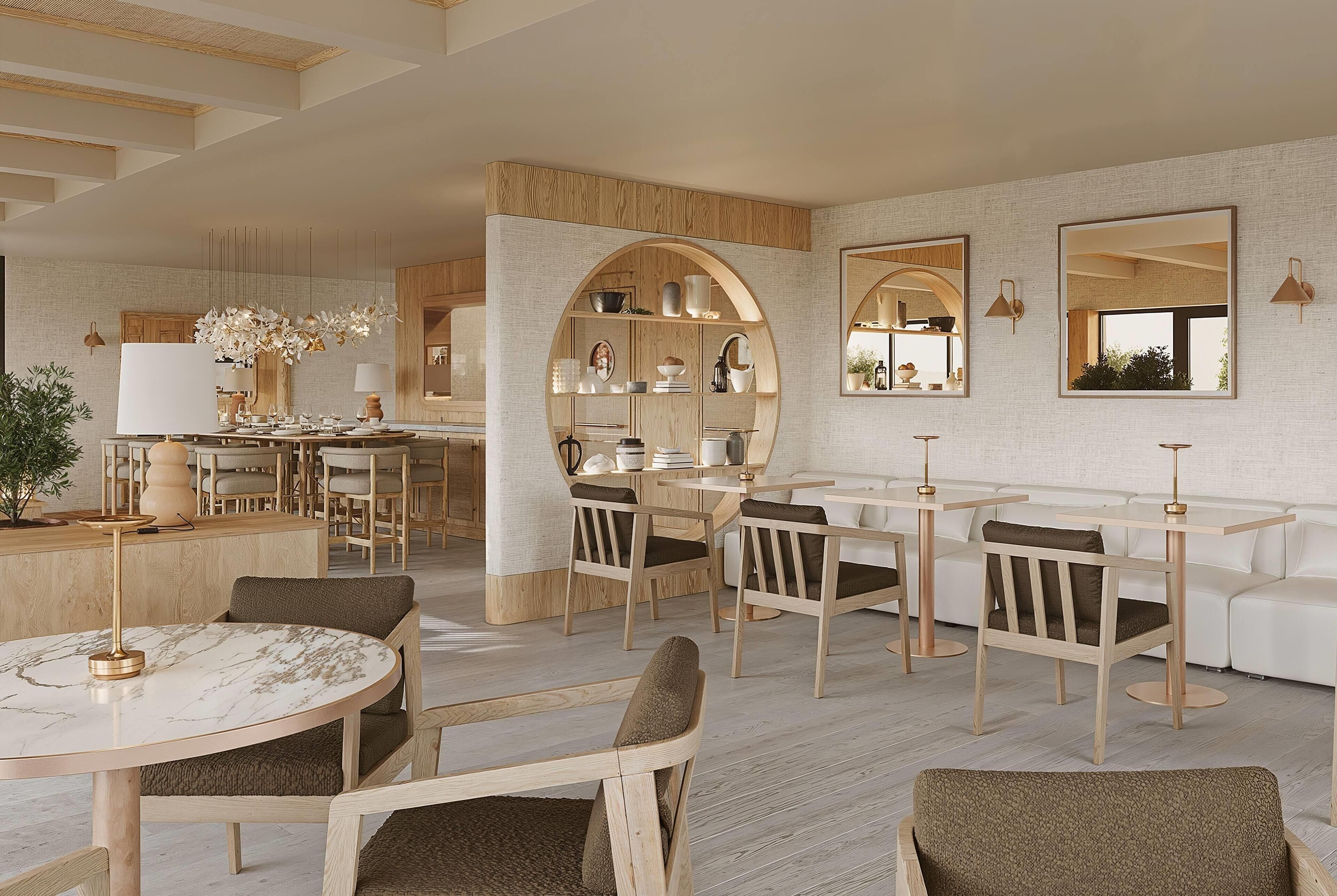 A modern interior with a dining area, kitchen, and seating space.